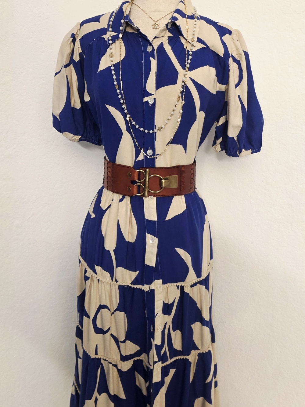 Meadow Rhodes Blue Abstract Floral Tiered Maxi Shirt Dress Size M